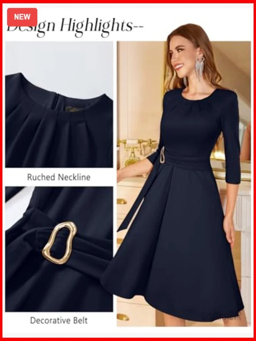 Elegant 3/4 Sleeve Fit & Flare Midi Cocktail Dress Formal Party